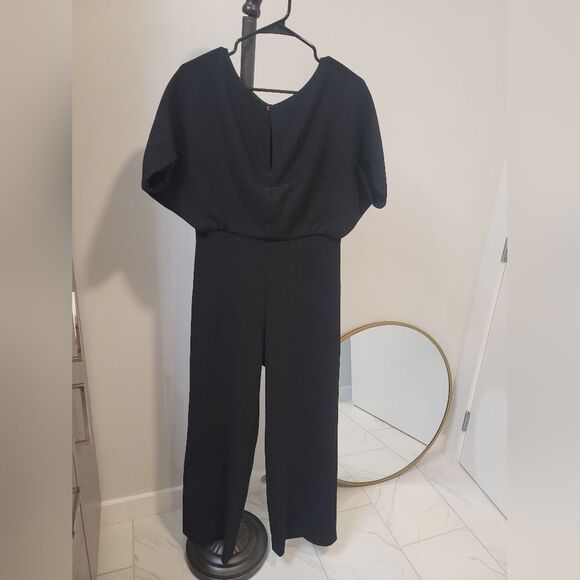 Lela Rose Black Ottoman Cape Sleeve Wide Leg Jumpsuit Romper 8 - Picture 2 of 12